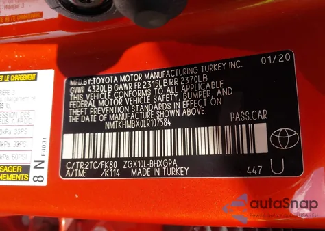 2020 Toyota C-Hr Xle z USA, uszkodzony, nr VIN NMTKHMBX0LR107584